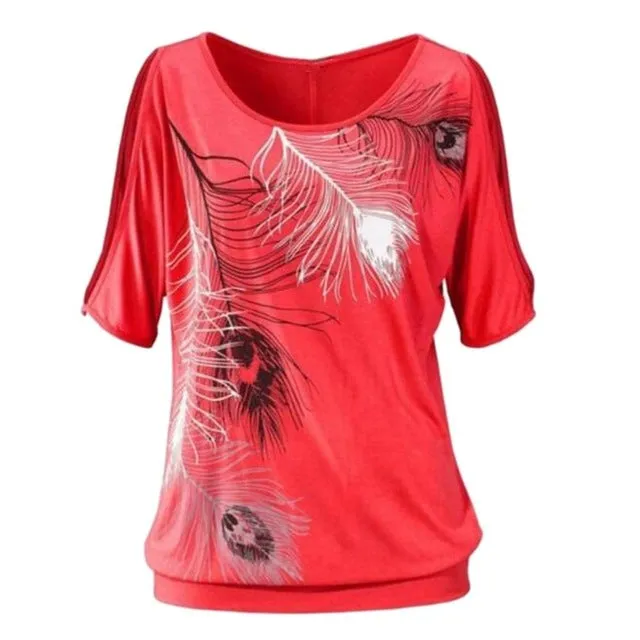 Women Summer T shirt Casual Tops Short Sleeve T-shirts Feather Printed Off Shoulder Shirts O-Neck Loose Tops Blusas Femininas