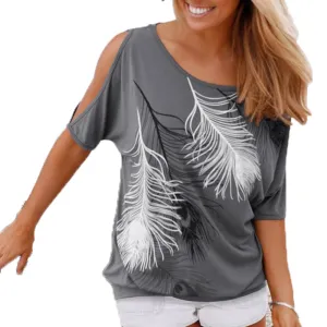 Women Summer T shirt Casual Tops Short Sleeve T-shirts Feather Printed Off Shoulder Shirts O-Neck Loose Tops Blusas Femininas