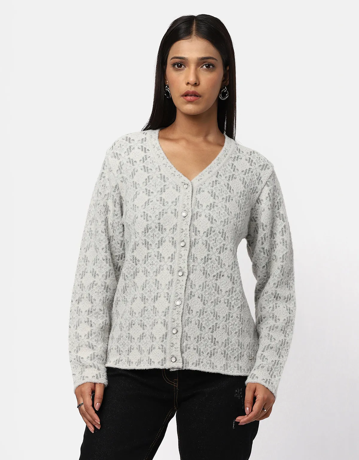 Women Woolen V-Neck Fancy Cardigan