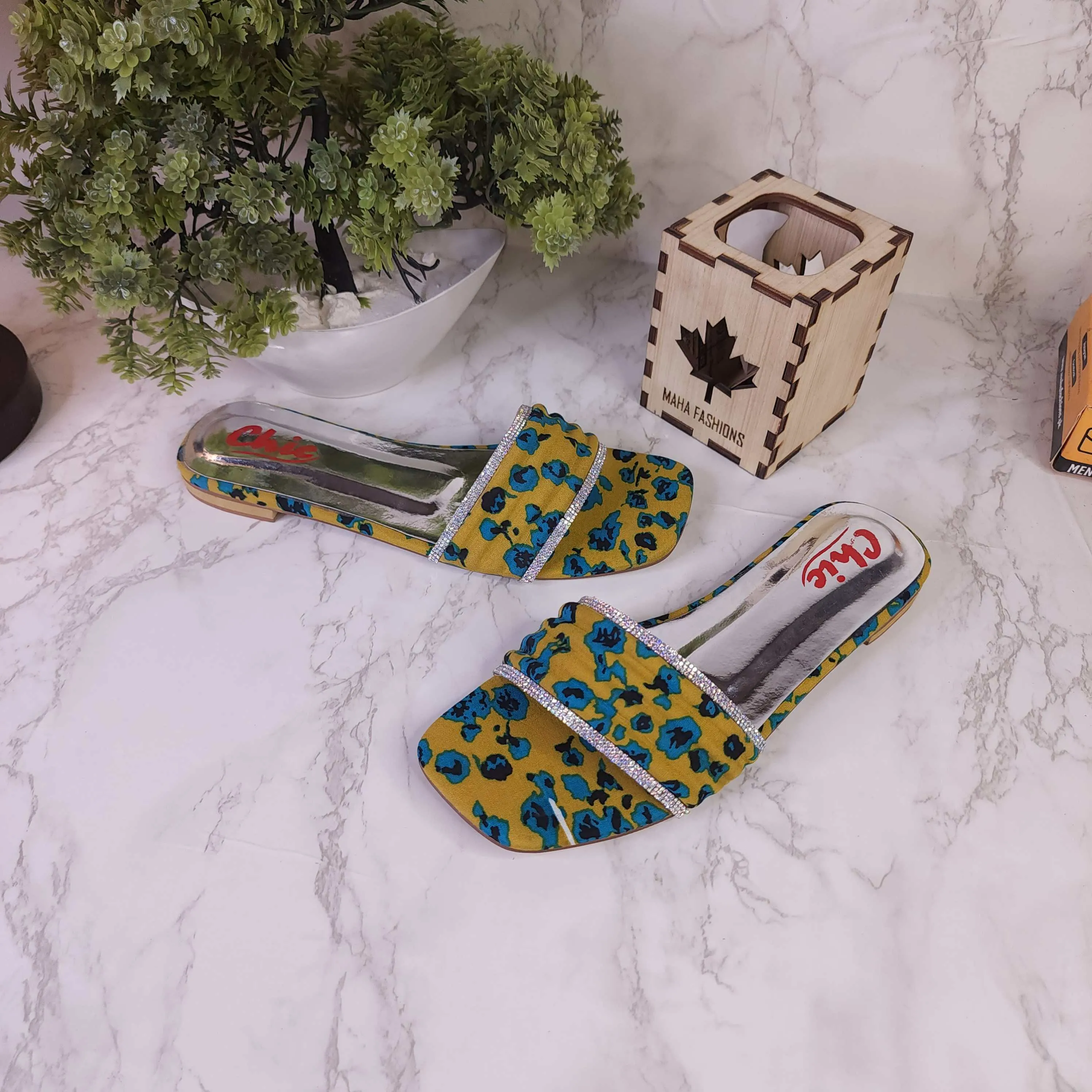 Yellow Printed Studs Flat Slippers